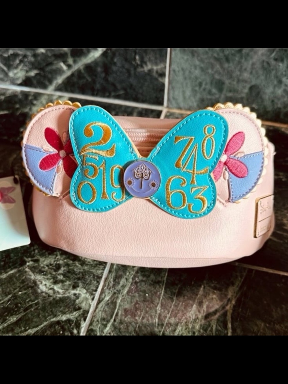 Loungefly Pastel Pink Waist Bag with Blue Bow & Floral Accents - Picture 2 of 6